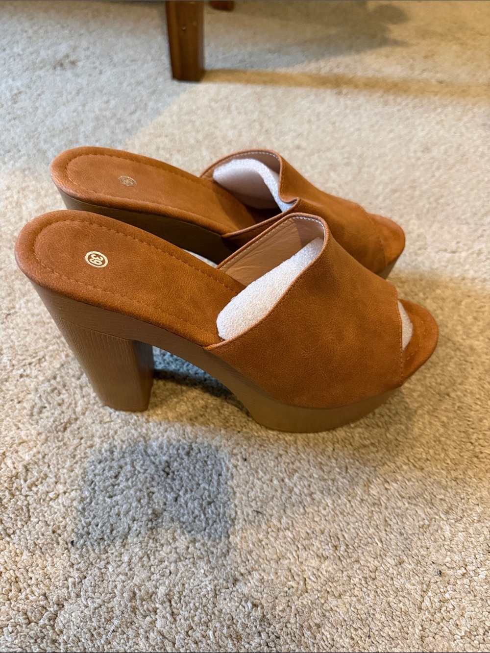 Suede Platform Mule Heels in Cognac